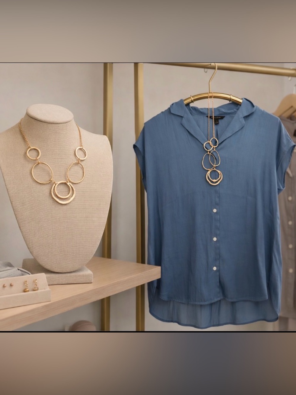 Banana Republic Silky Cap Dress Sleeve Shirt & Gold Necklace